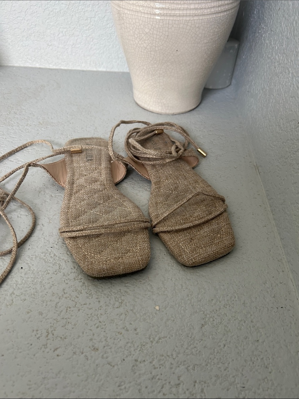 Miss Lola Linen Wrap Sandals in Natural Beige
